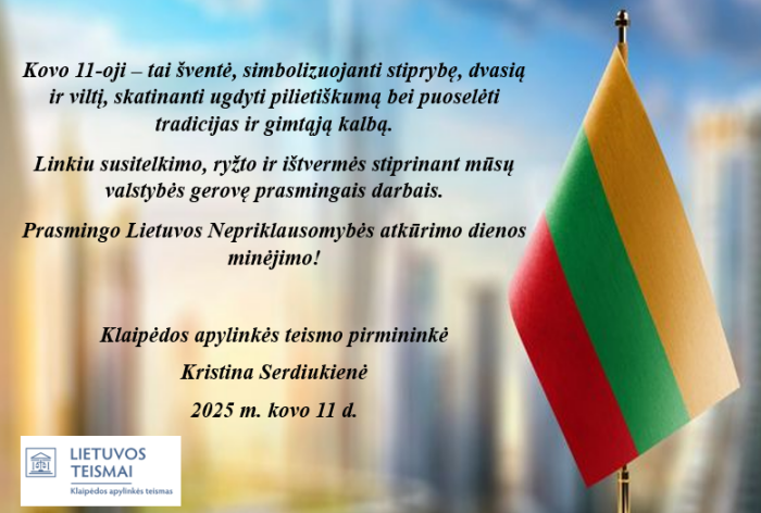 Sveikinimas Lietuvos Nepriklausomybės atkūrimo dienos proga